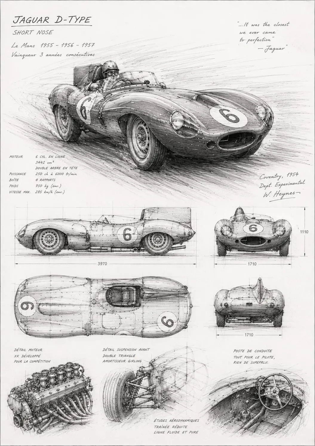 Tavola tecnica illustrata di una Jaguar D-Type